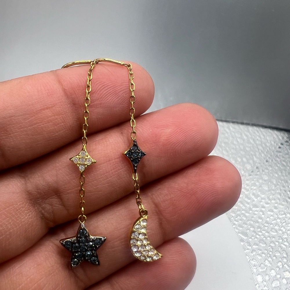 Swarovski Gold and Blue Star Moon Earrings - Picture 4 of 8